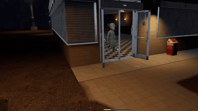 Seen through the diner's glass front door at night: two red-eyed figures right outside as the door is pulled shut
