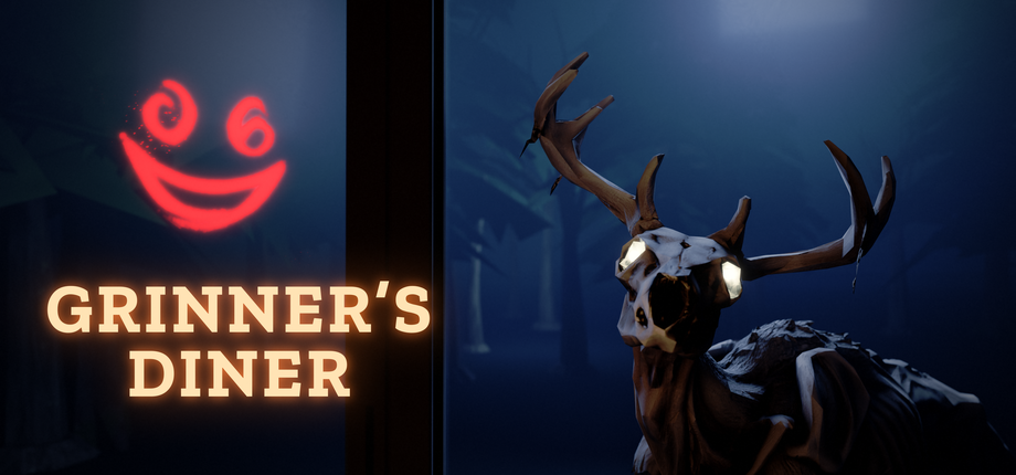 Grinner's Diner: the red neon grin and logo beside the Jersey Devil at the drive-thru window